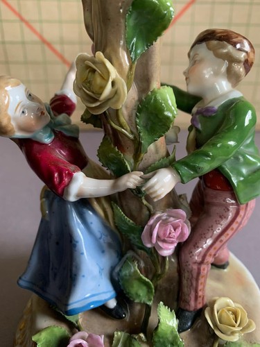 antique 19th c. Von Schierholz porcelain Germany children rose tree candlestick - Picture 6 of 12