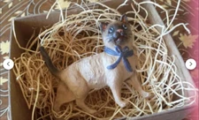 New Dresden Paper Siamese Cat w Blue Bow Christmas Ornament Tree Decoration