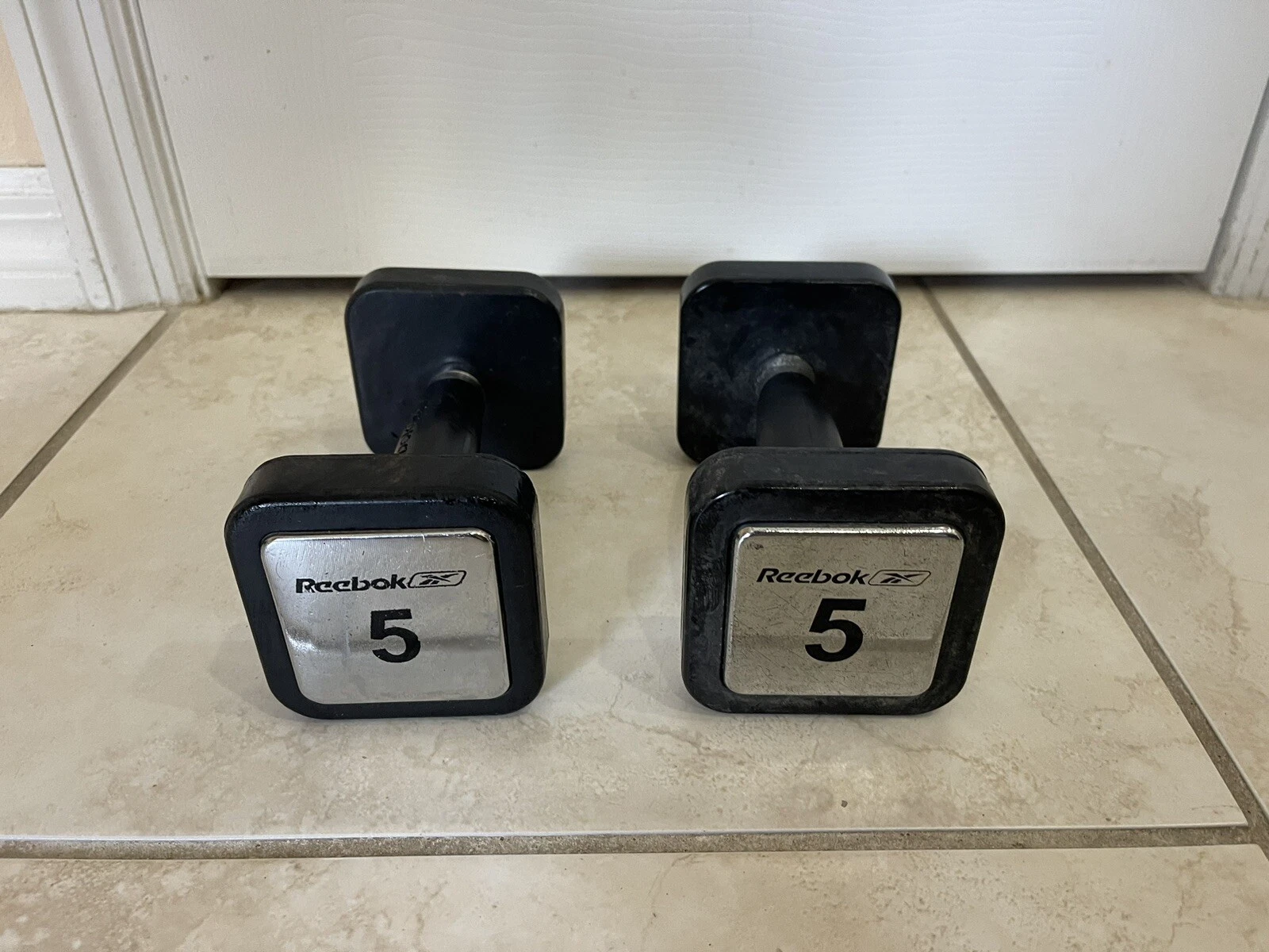 Vintage Reebok 1 Pair 5 lbs Pounds Each Square Dumbells Weights Chrome (#5.0#)