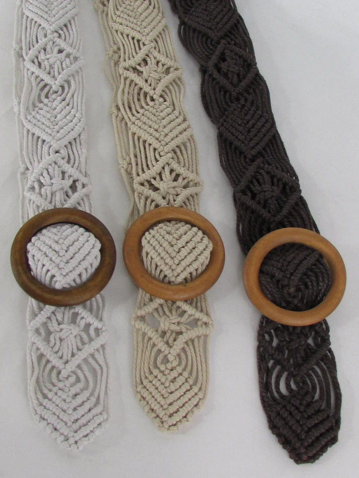 Women Beige White Brown Knited Braided Fabric Fashion Belt Round Wood Buckle S M - Image 4 of 4