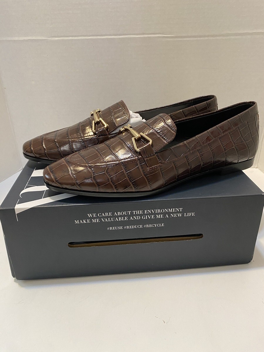 New Zara Womens Crocodile Animal Print Leather Loafers Shoes Brown