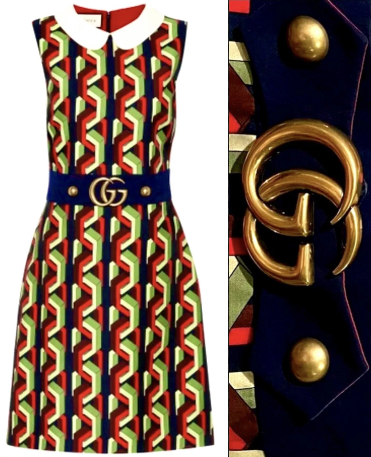 Robe midi 4K neuve Gucci 2017 GG ceinture logo mod rétro vert noir 38 40 2 4 S XS