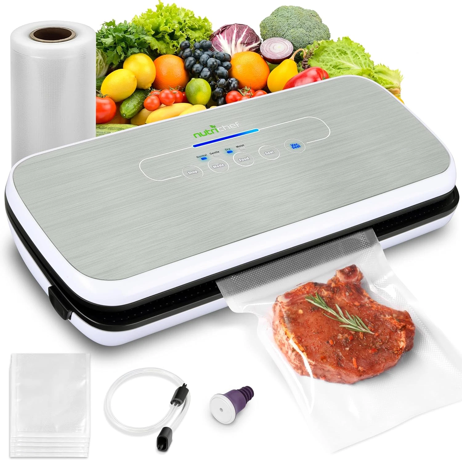 High Power Food Vacuum Sealer with Bags & Wine Stopper - Silver