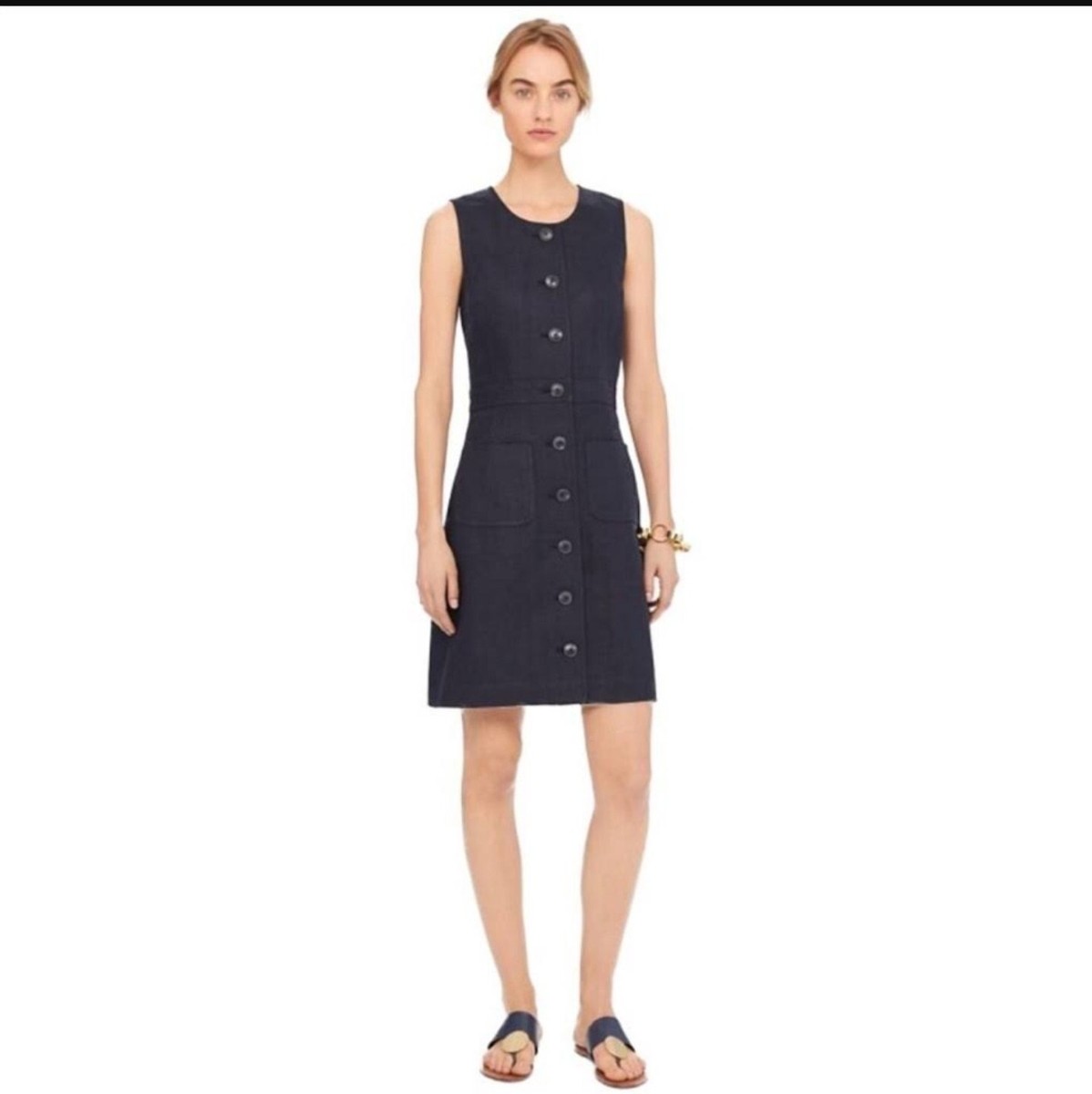 Tory Burch 2 Navy Blue Linen Button Front Sleeveless Shift Dress | eBay
