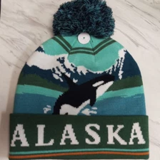 New Alaska Hat Polar Wear Alaska beanie style Knit hat with Pom Pom Orca