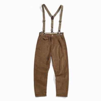 Mens British Style Corduroy Straight Pants Suspender Trousers