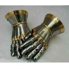 Medieval Nazgul Crusader Steel Gauntlet Armor Gloves With Brass Silver Accents