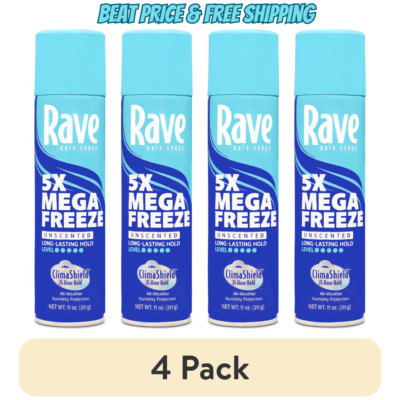 (4 pack) Rave 5X Mega Freeze Hair Spray, All-Weather Protection with Vitamin-Enh