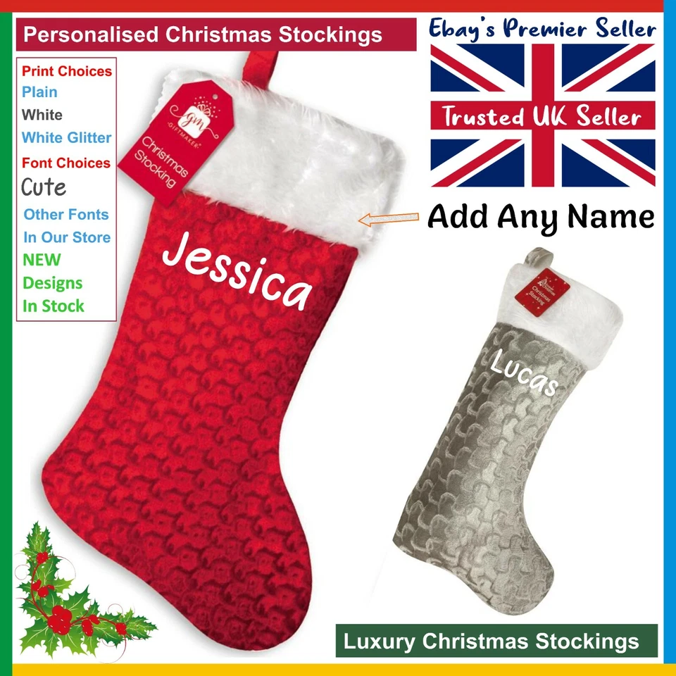 FOREVER CHRISTMAS PERSONALISED RED or SILVER Christmas Stocking * Fast & Free Delivery / Cute Sack