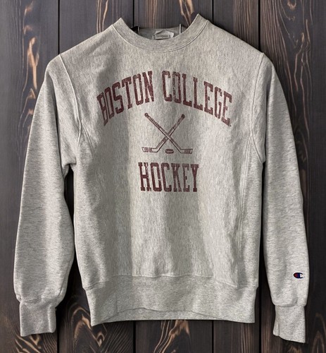 VTG Champion Reverse Weave Boston College Hockey Sweatshirt Spellout Gray Red S