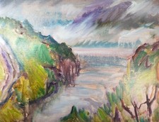 Original Watercolour, 'Purple Sea inlet with Cliffs' Olive Van Klaveren (XX)