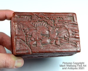 Small Chinese Cinnabar Lacquer Covered Box, Boys in Landscape, Early 20th C