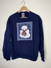 Snowman Applique Women Size Large Sweatshirt Jerzees Navy Blue Embroidered