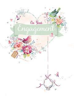 Engagement Congratulations Greeting Card - Elegant Love Birds with Ring - Foiled