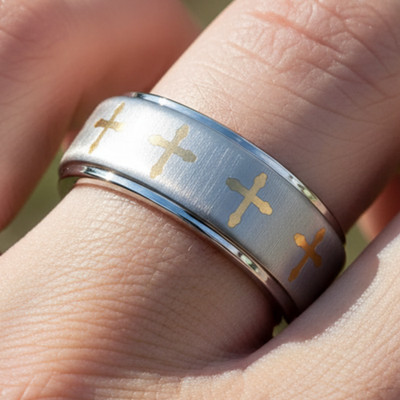 8mm Tungsten Wedding Band with Gold Cross Engraving Religious Design Ring