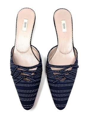 Vintage Prada 90s Y2K Blue White Satin Ribbon Bow Kitten Heels