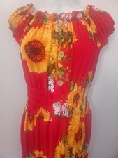 Maxi Dress Women’s XL Sunflower Print, Red, Yellow & Green, Stretch Waist NWT