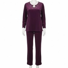Quacker Factory Velour Lounge Set M Purple Purple Embellished Top Pants Casual