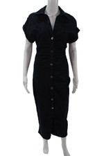 Zara Womens Dark Wash Collar Buttoned Rushed Short Sleeve Shift Dress Blue Sz M