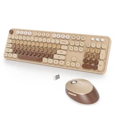 Retro Wireless Keyboard Mouse Set Typewriter Style Full Size Coffee Color