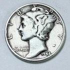 1944 Mercury Dime, Winged Liberty Head, 90% Silver, Very Fine Condition #4398