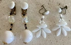 Lot 2 Vintage Earrings Japan White Milk Glass Beaded Dangle Drop Clip Screw Back