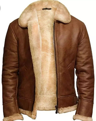 Men's Brown RAF B3 Bomber Real Sheepskin Shearling Flying Aviator Leather Jacket