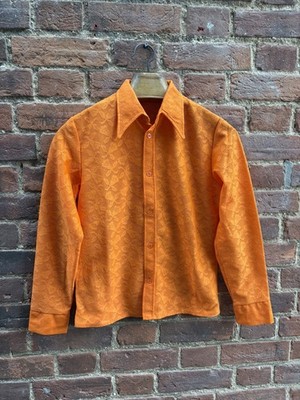Vintage 70er Jahre hellorange Blumen Shirt Grube zu Grube 17,5'' XS halbtransparent