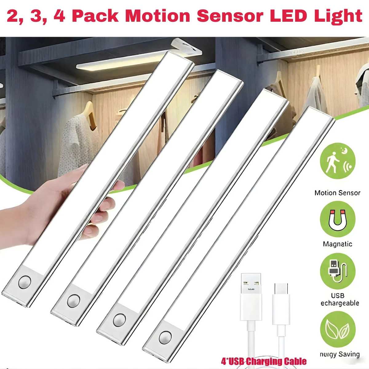 PACK LED Bewegungsmelder Licht USB Wiederaufladbar PIR Nacht Magnet Kabellos Lampe
