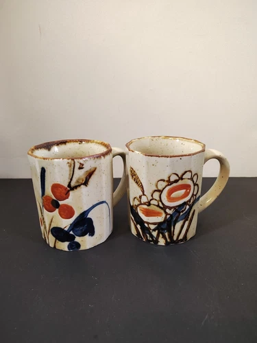 Vtg Otagiri 2 Coffee Cups Mug Brown Speckled 12 Sided Floral Stoneware Japan