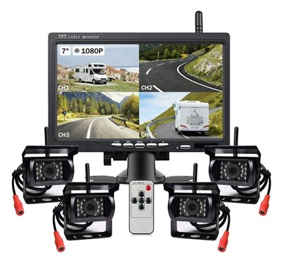 7'' Quad-View Wireless Backup Camera System 4-Channel 1080p RV Truck Trailer Van