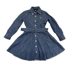 Ralph Lauren Girls Denim Shirt Dress Size 4 Belted Button Front Long Sleeve