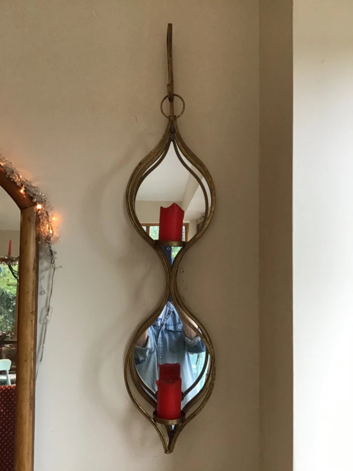 Double Mirrored Hanging Candleholder Sconce Gold-Painted Metal Finish 86cm Tall - Image 2 of 4