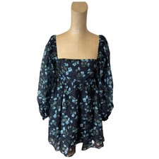 Lulus Complete Darling Black Floral Balloon Sleeve Babydoll Mini Dress Size S