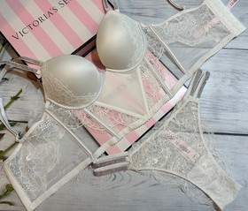 Victoria's Secret Shine Strap Push Up Bra Longline Corset Brazilian Set White