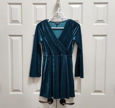Women's Express V-Neck Long Sleeve Ribbed Velour Teal Green A-Line Dress Sz PXS