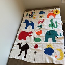 Vintage Crochet Baby Blanket Crib Tight Afghan Animals Square Approx 45x60