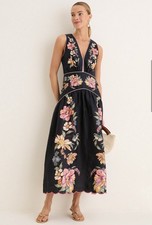 Farm Rio Maira Navy V Neck Embroidered Midi Dress Medium