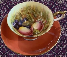 Vintage Aynsley Orchard Rust Colored Tea Cup And Saucer Gold Gilt Trim