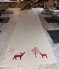 Walton Festive Table Runner Beige with Red White Reindeer  Tree Embroidery 180CM