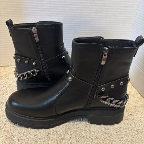 Nine West Combat Moto Boots, Chunky Chain Black Biker Boots 9.5M Chunky Lug Sole - Picture 3 of 8