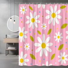 Cute Floral Pink Shower Curtain with White Daisies for Kids Bathroom