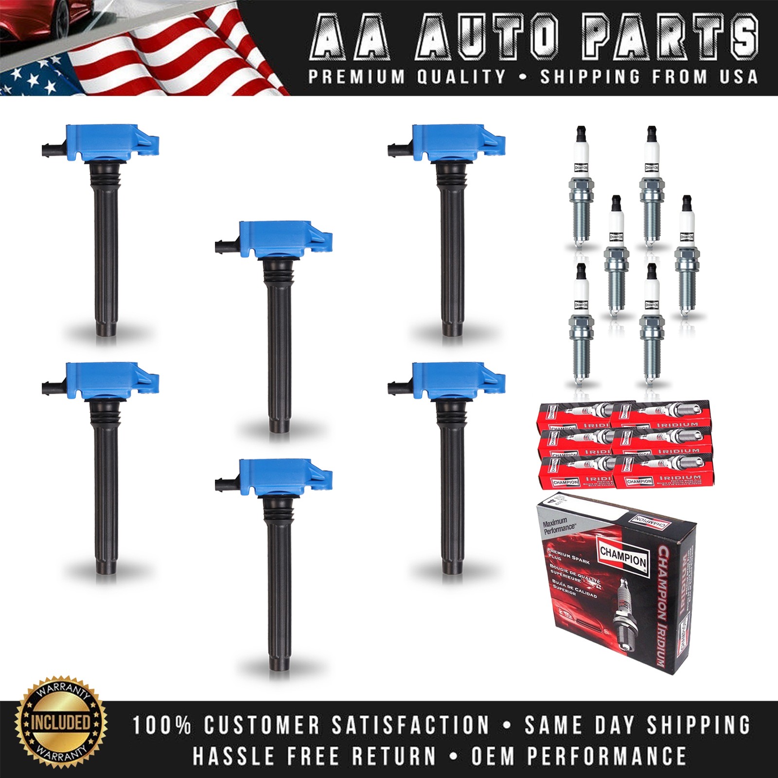 6 Performance Ignition Coil  6 Champion Iridium Spark Plug for Dodge Jeep UF648