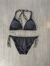 Victoria  s Secret Swimsuit Bikini Set Black Gold Beads L/M NWOT