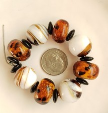 Lampwork Handmade Brown Black White Beads 8 Pc B6 