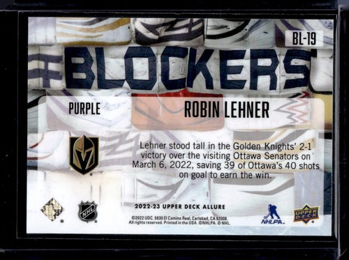 2022-23 Upper Deck Allure #BL-19 Robin Lehner Blockers Purple #/10 - Picture 2 of 2