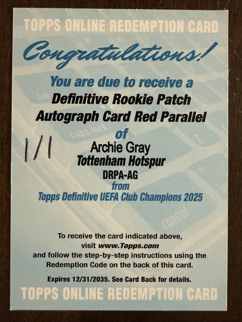 2024/25 Topps Definitive Archie Gray Rookie Patch Auto Red True 1/1 *Logo* RC