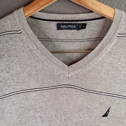 Nautica Sweater Men's L Gray Cotton Striped V Neck Pullover Jumper - Picture 4 of 17