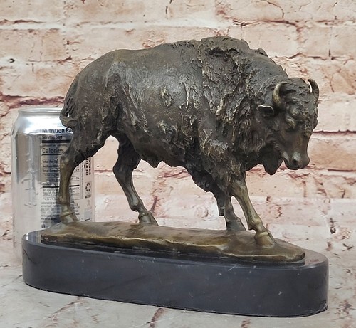 Buffalo Bison Western Native American Art 100% Bronze on Marble Sculpture Figure - Picture 2 of 10