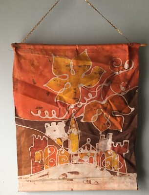Vintage Batik wall hanging scroll Middle East Orange brown gold